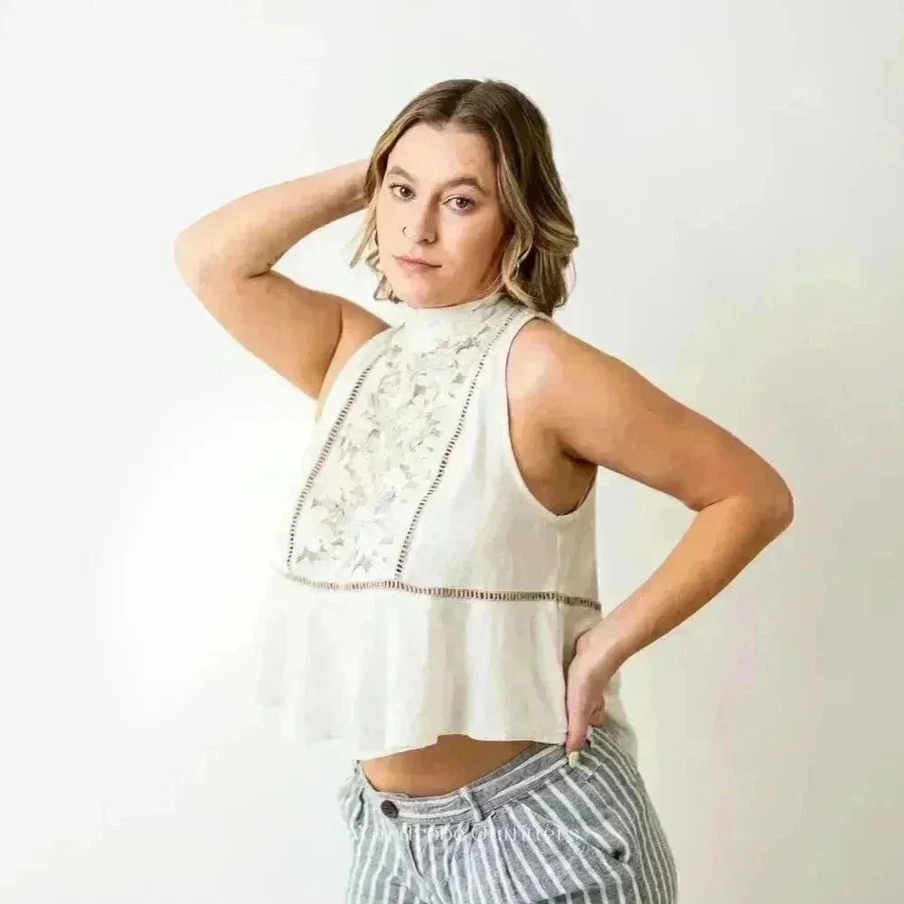 Free People Lace Back Sleeveless Collared Tank Top - Picture 6 of 7
